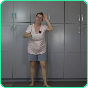 Video thumbnail for a 25 minute standing full body yoga class taught in English and ASL, woman signing with one hand raised.
