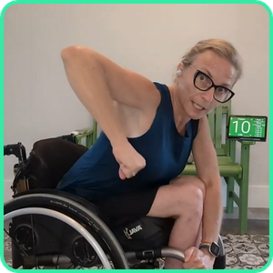 Video thumbnail for a 15 minute upper body strength class, woman using a wheelchair doing a bicep curl, with a countdown timer showing 10 in the background.